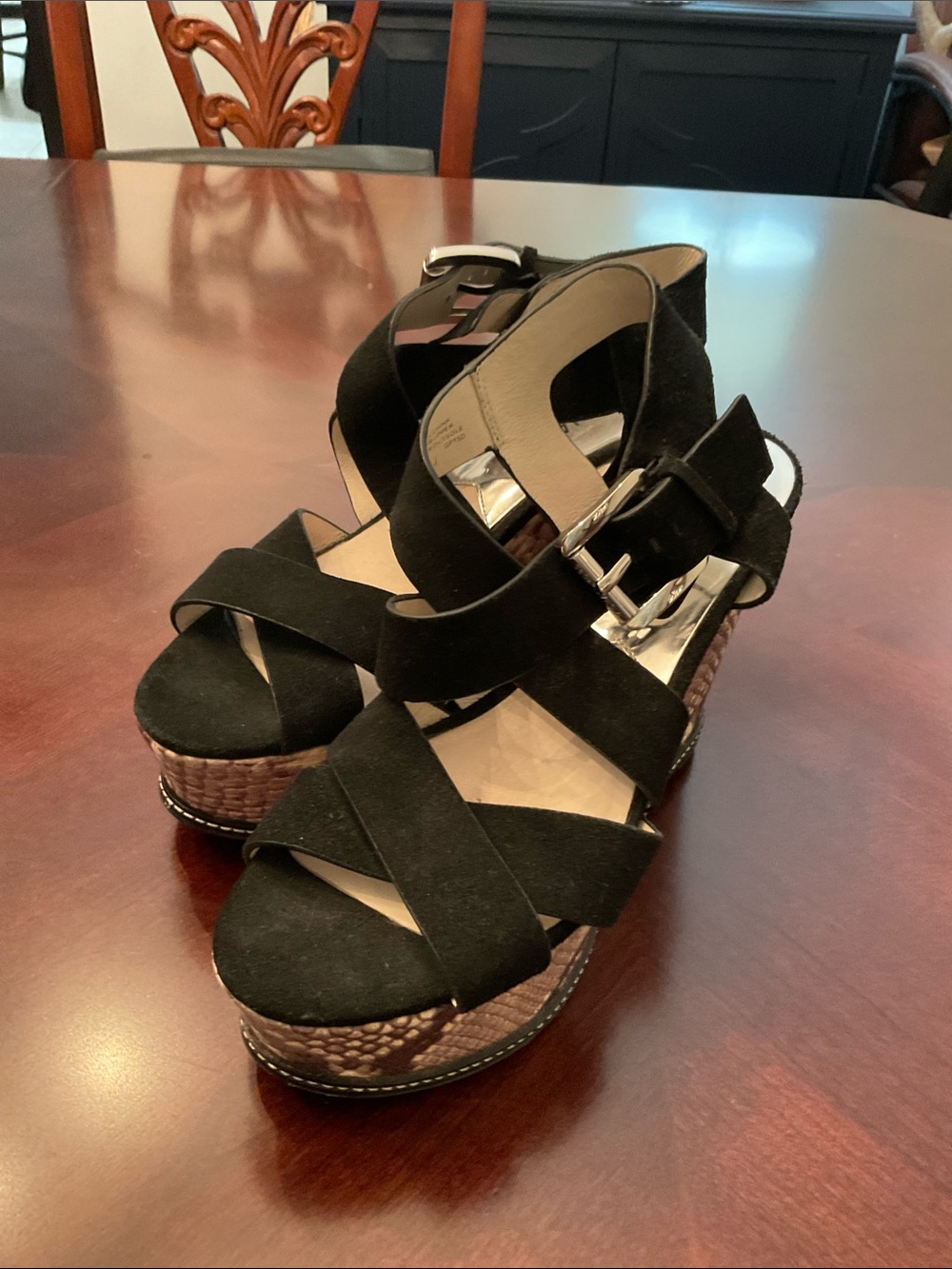 Michael Kors Black Suede Strappy Wedges with Snakeskin-Print Platform